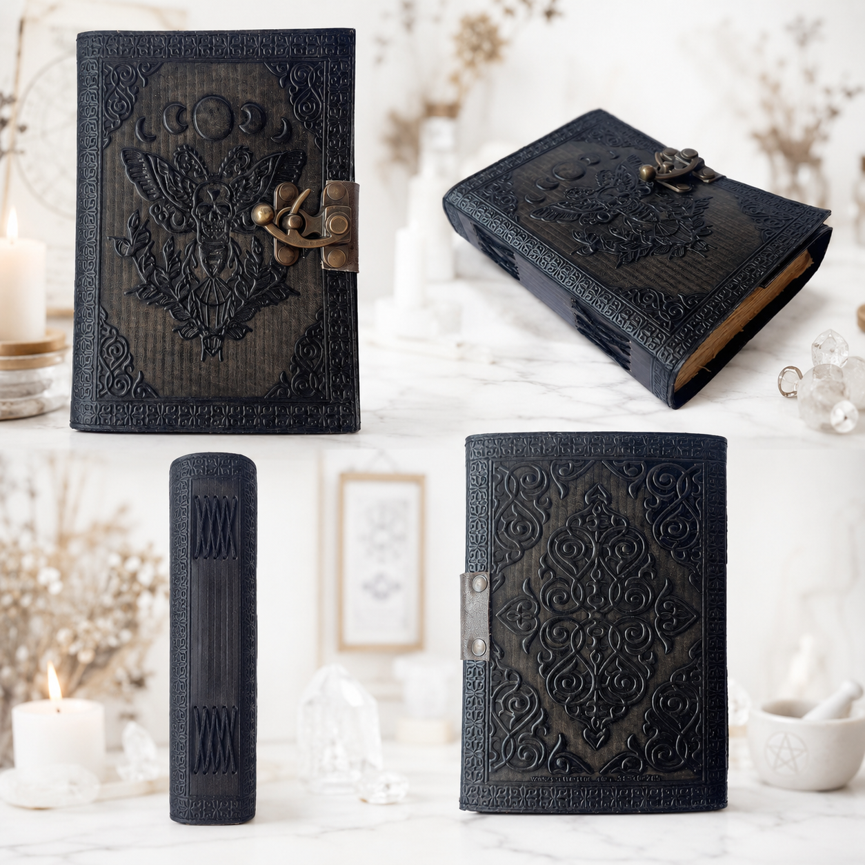 Luna Moth Leather Journal – Antique Witch Grimoire Book of Shadows with Lock – leather journal, size and scale view