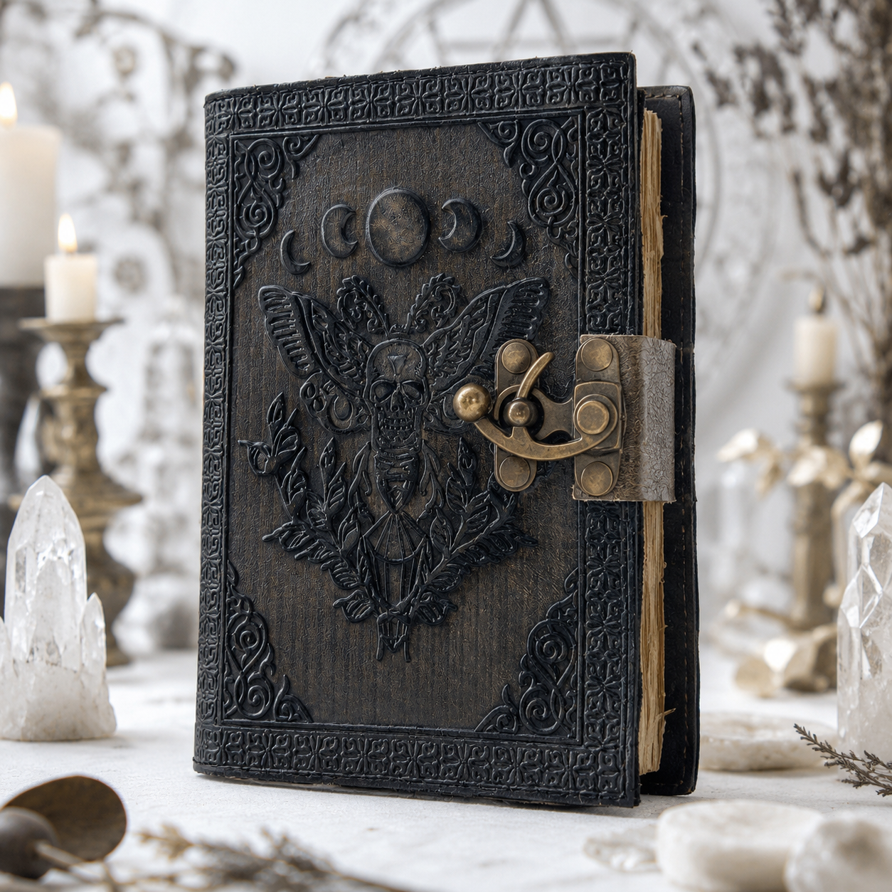 Luna Moth Leather Journal – Antique Witch Grimoire Book of Shadows with Lock – leather journal, front cover view