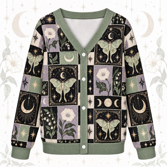 Luna Moth Lily of the Valley Tarot Patchwork Cardigan for Women Sage, front view