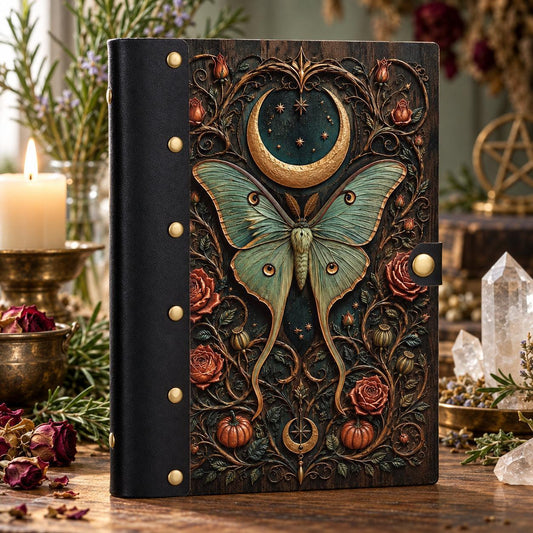 Luna Moth Moon Rose Journal on a candlelit pagan ritual altar