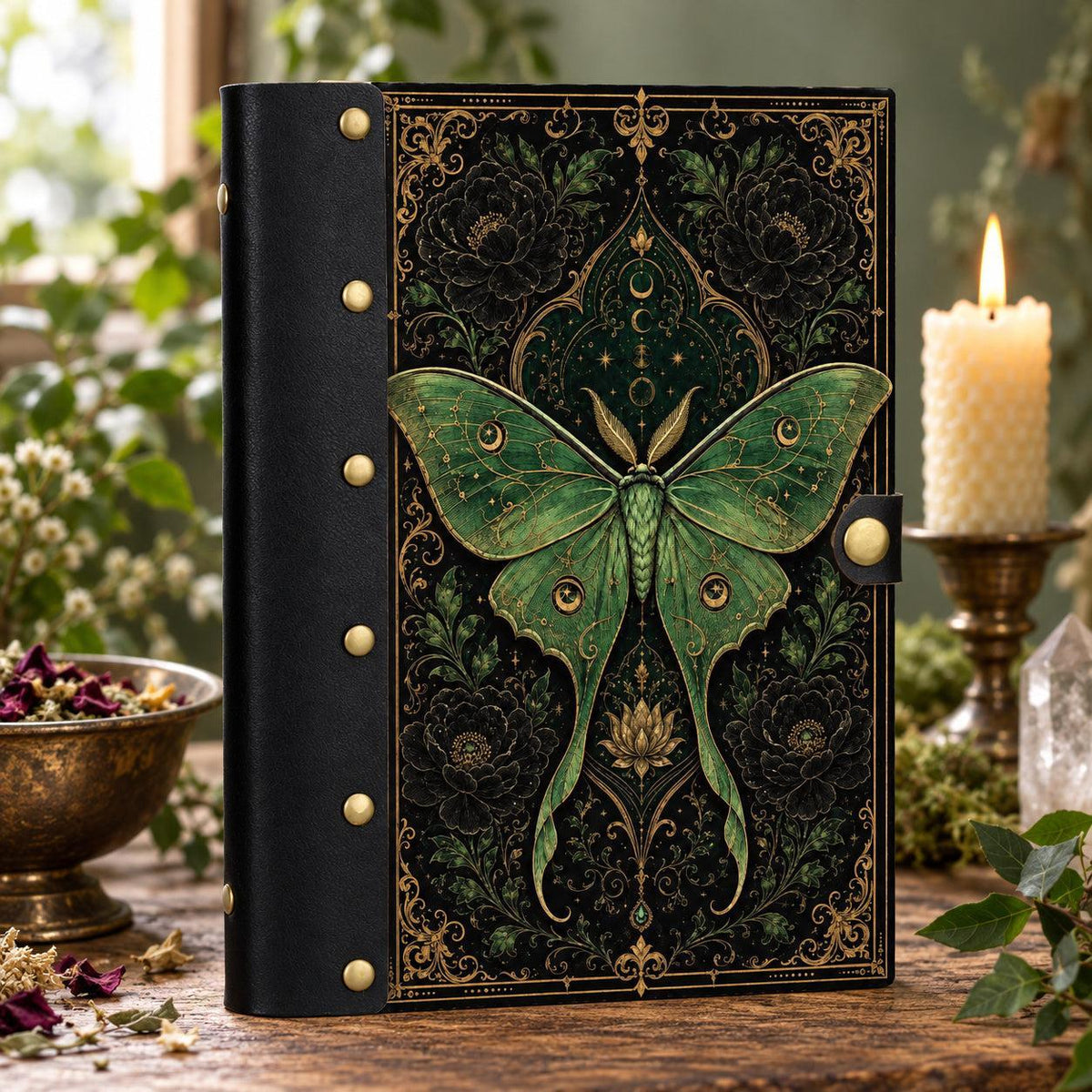 Luna Moth Peony Lotus Journal - Refillable Book of Shadows on a candlelit pagan ritual altar
