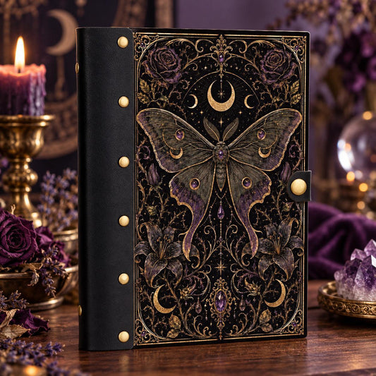 Luna Moth Thorn Rose Lily Journal - Refillable Witch Grimoire on a candlelit pagan ritual altar