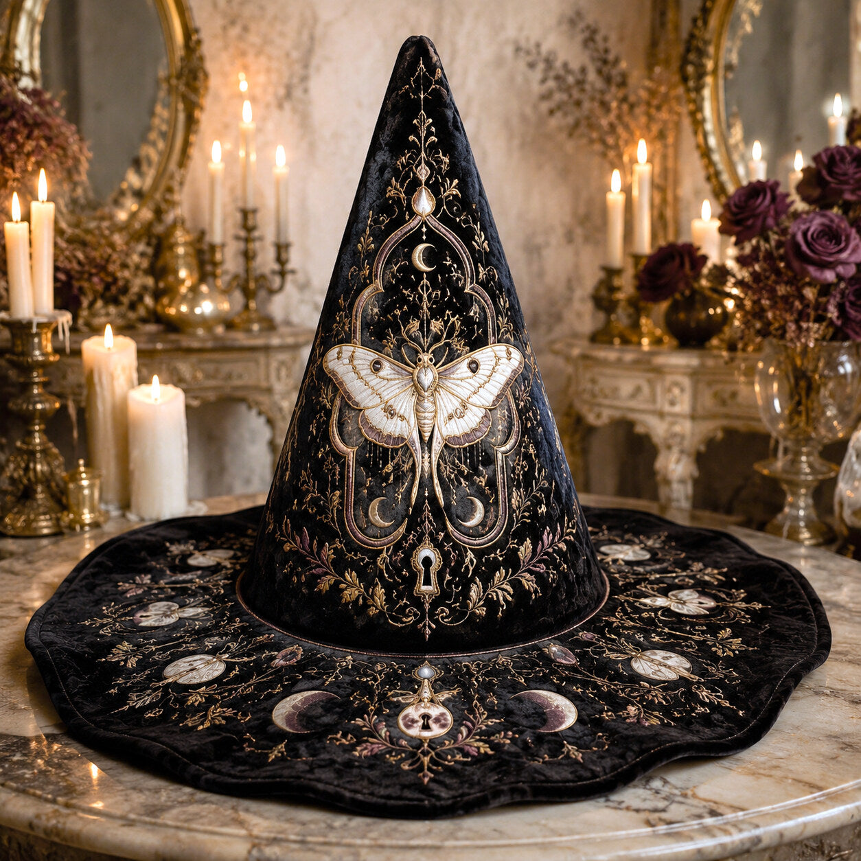 Luna Moth Witch Hat – Gold Key Celestial Moon Phase Wide Brim Hat – on an altar table