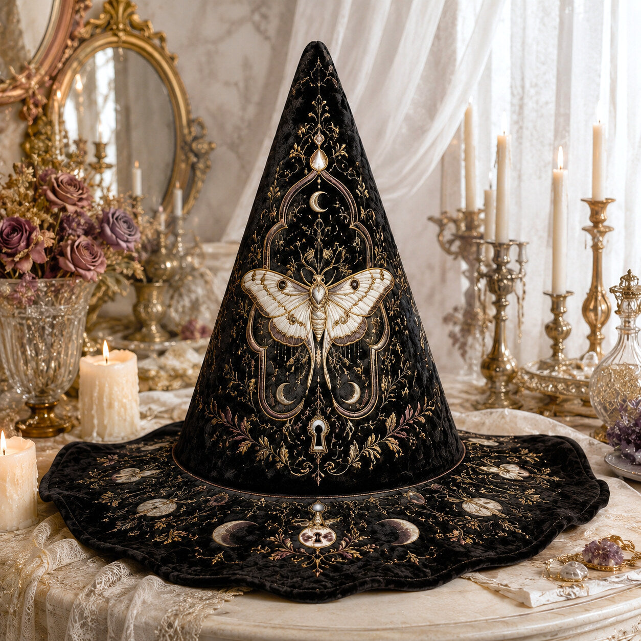 Luna Moth Witch Hat – Gold Key Celestial Moon Phase Wide Brim Hat – styled with candles and crystals