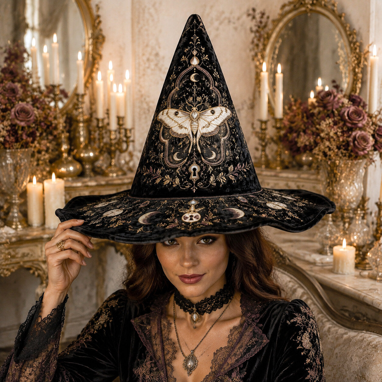 Luna Moth Witch Hat – Gold Key Celestial Moon Phase Wide Brim Hat – worn, front view