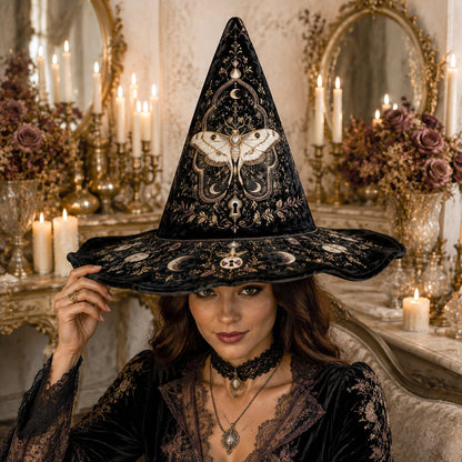 Luna Moth Witch Hat – Gold Key Celestial Moon Phase Wide Brim Hat – worn, front view