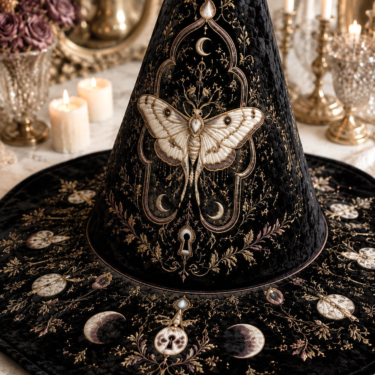 Luna Moth Witch Hat – Gold Key Celestial Moon Phase Wide Brim Hat – quilting and print detail