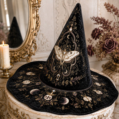 Luna Moth Witch Hat – Gold Key Celestial Moon Phase Wide Brim Hat – held in both hands