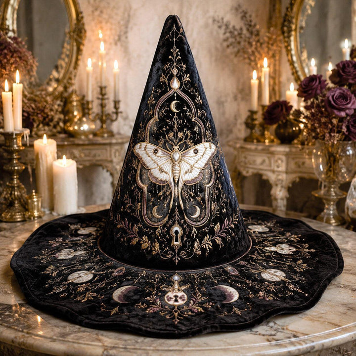 Luna Moth Witch Hat – Gold Key Celestial Moon Phase Wide Brim Hat – on an altar table