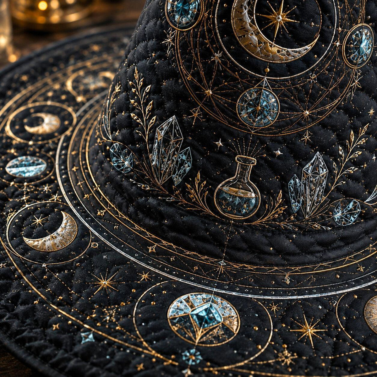 Lunar Alchemist Witch Hat – Celestial Moon Phase Occult Brim Hat – styled with candles and crystals