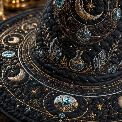 Lunar Alchemist Witch Hat – Celestial Moon Phase Occult Brim Hat – styled with candles and crystals