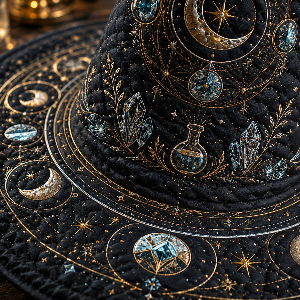 Lunar Alchemist Witch Hat – Celestial Moon Phase Occult Brim Hat – styled with candles and crystals