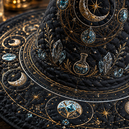 Lunar Alchemist Witch Hat – Celestial Moon Phase Occult Brim Hat – styled with candles and crystals