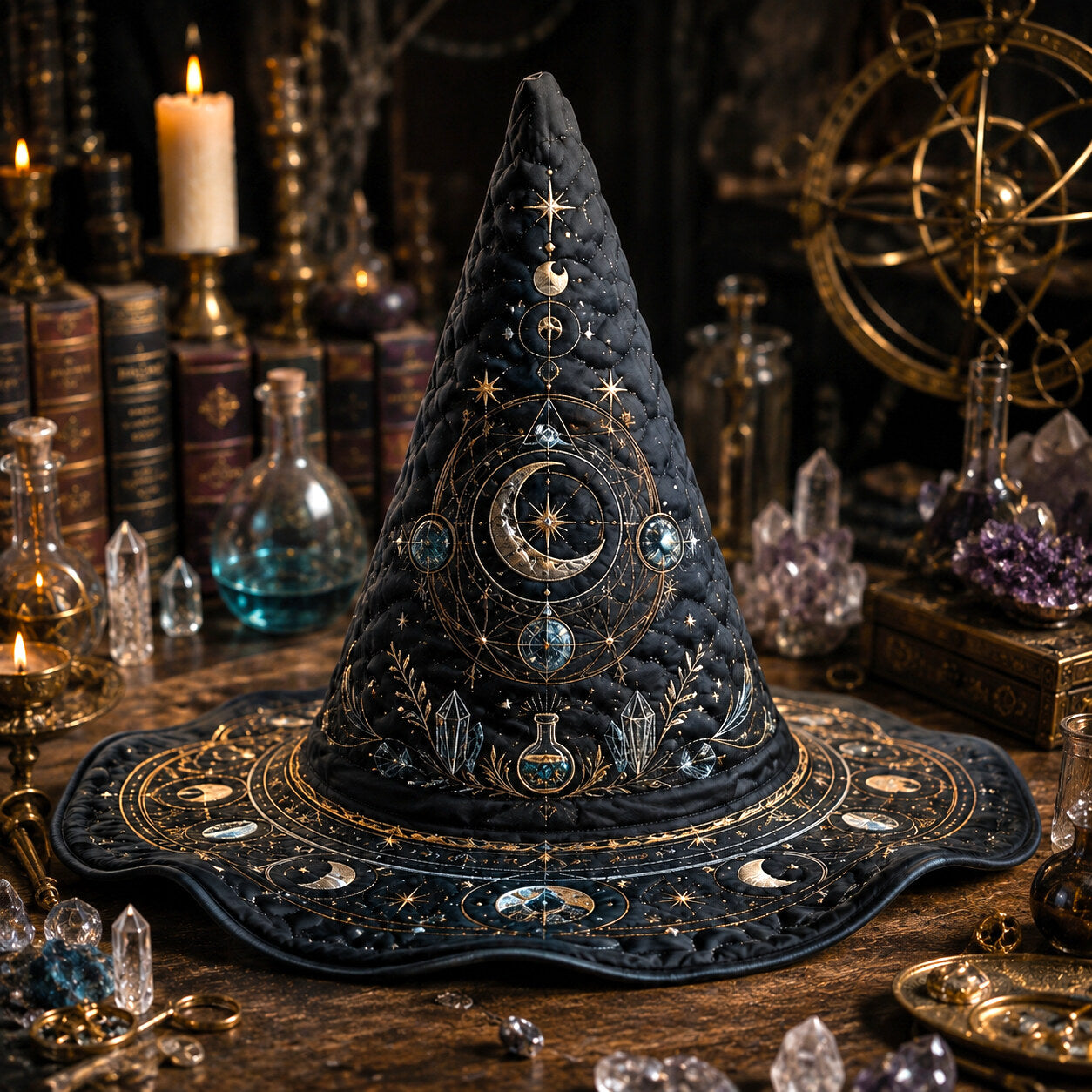 Lunar Alchemist Witch Hat – Celestial Moon Phase Occult Brim Hat – worn, front view