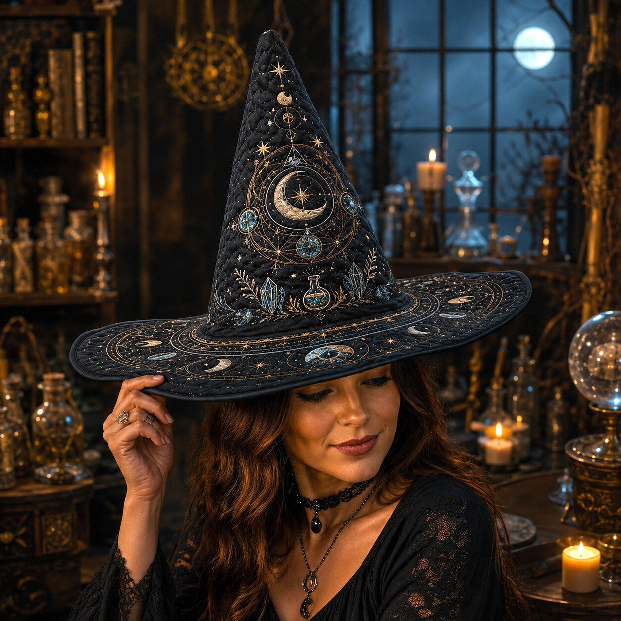 Lunar Alchemist Witch Hat – Celestial Moon Phase Occult Brim Hat – quilting and print detail
