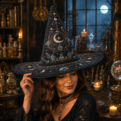 Lunar Alchemist Witch Hat – Celestial Moon Phase Occult Brim Hat – quilting and print detail