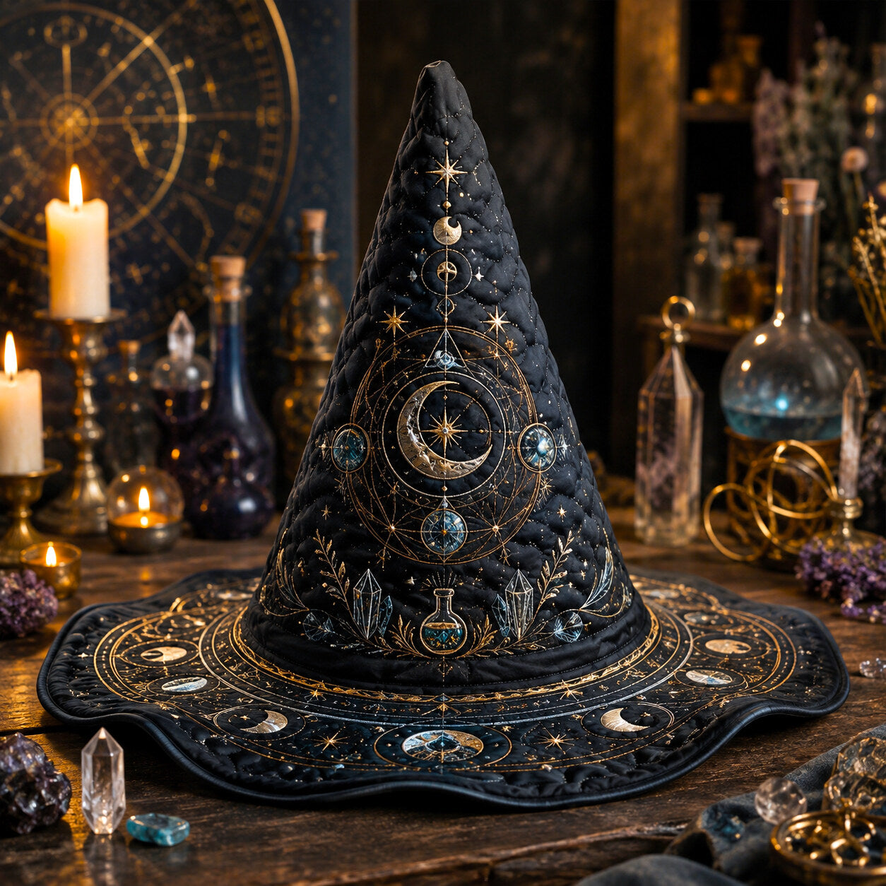 Lunar Alchemist Witch Hat – Celestial Moon Phase Occult Brim Hat – held in both hands