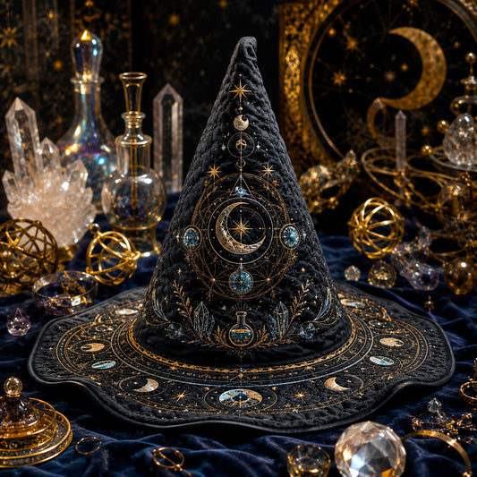 Lunar Alchemist Witch Hat – Celestial Moon Phase Occult Brim Hat – on an altar table
