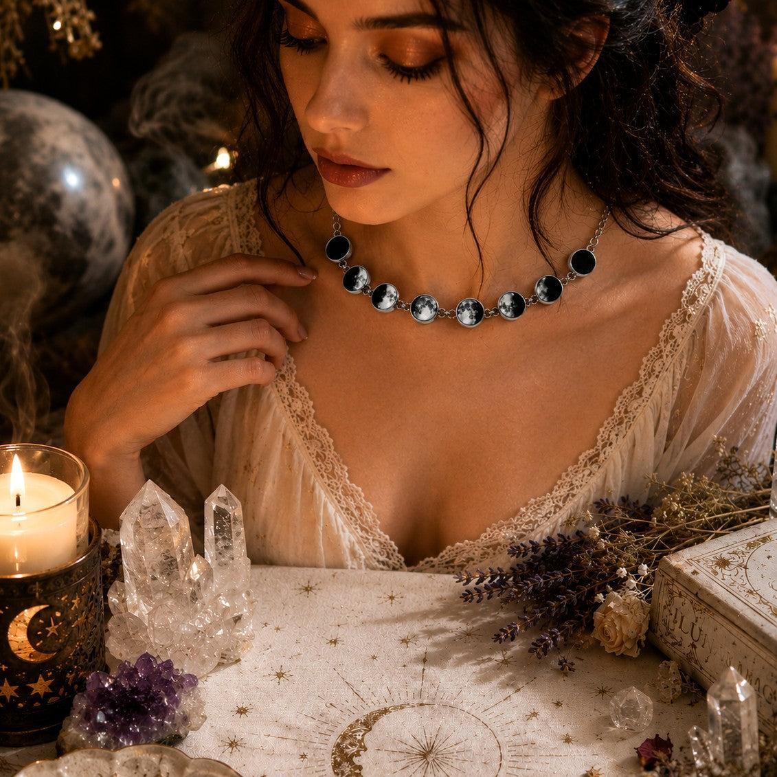 Gothic Moon Phase Choker Lunar Cycle Celestial Necklace Witch Wiccan Jewelry-MoonChildWorld