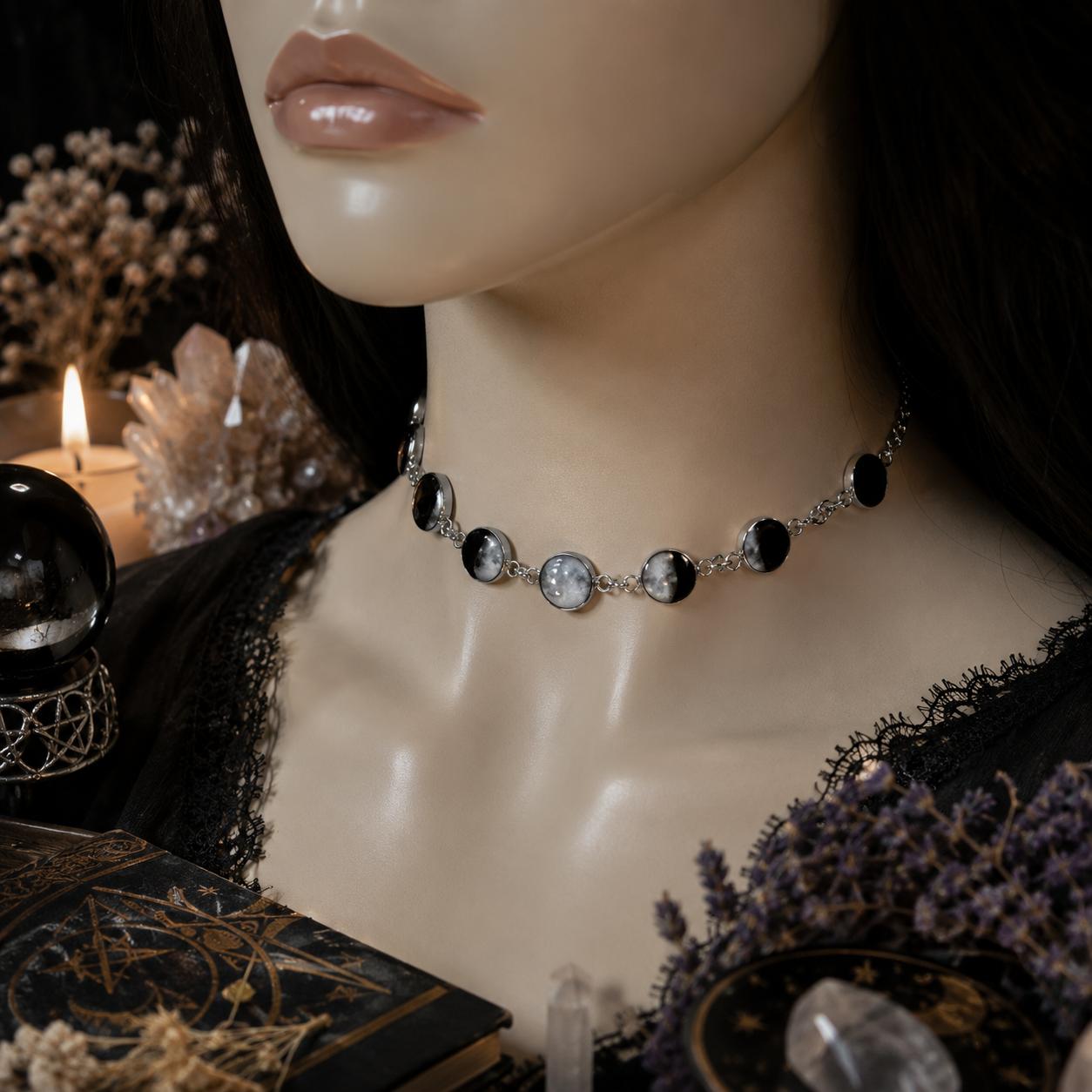 Gothic Moon Phase Choker Lunar Cycle Celestial Necklace Witch Wiccan Jewelry-MoonChildWorld