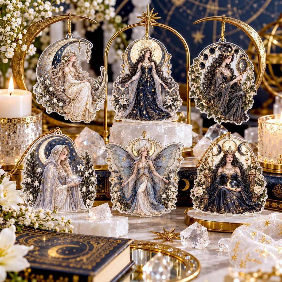 Lunar Goddess Celestial Acrylic Ornament Set – Moon Yule Christmas Decor – set of 6, another view