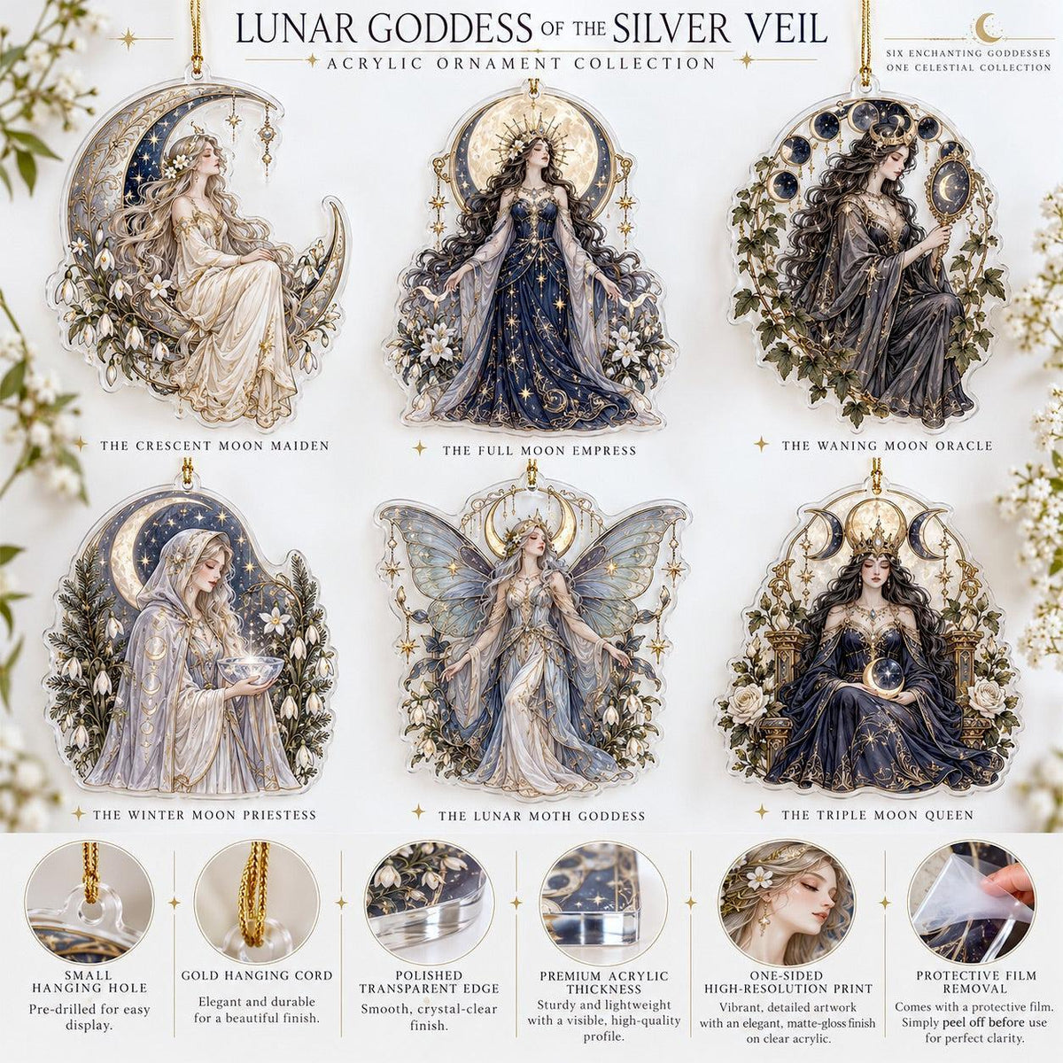 Lunar Goddess Celestial Acrylic Ornament Set – Moon Yule Christmas Decor – ornament size and details