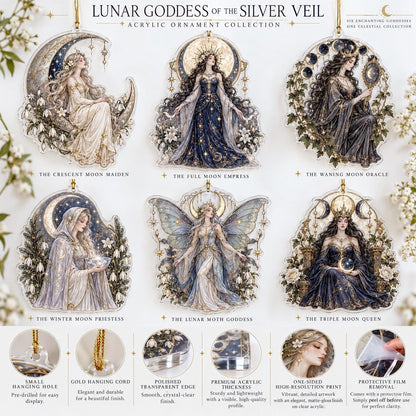 Lunar Goddess Celestial Acrylic Ornament Set – Moon Yule Christmas Decor – ornament size and details