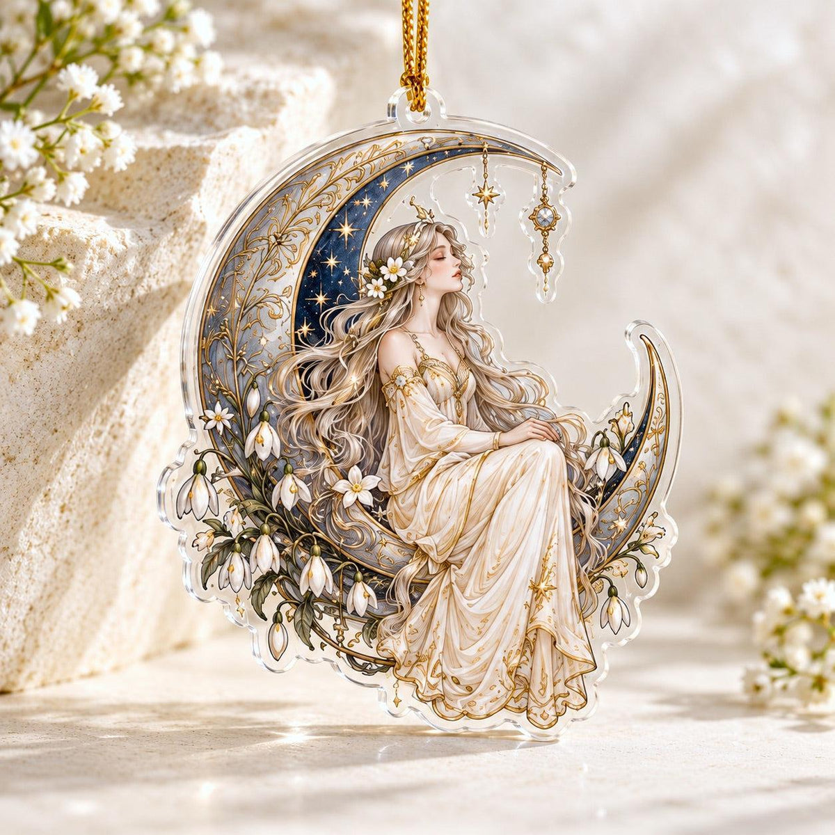 Lunar Goddess Celestial Acrylic Ornament Set – Moon Yule Christmas Decor – Crescent Moon Maiden ornament