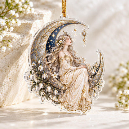 Lunar Goddess Celestial Acrylic Ornament Set – Moon Yule Christmas Decor – Crescent Moon Maiden ornament