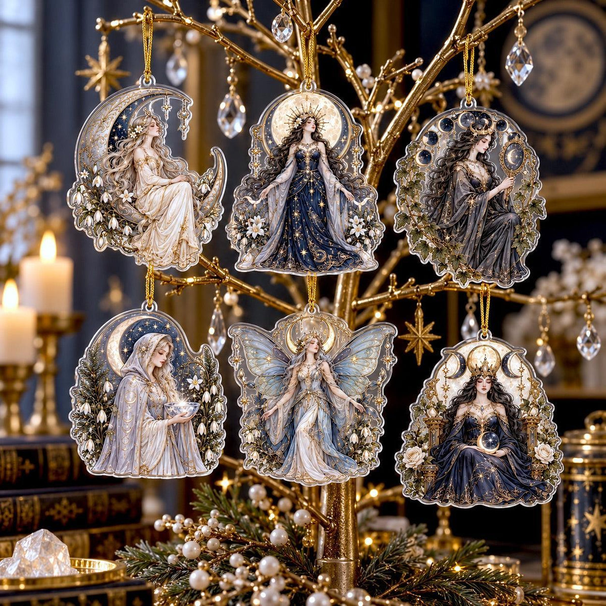 Lunar Goddess Celestial Acrylic Ornament Set – Moon Yule Christmas Decor – set of 6 acrylic ornaments