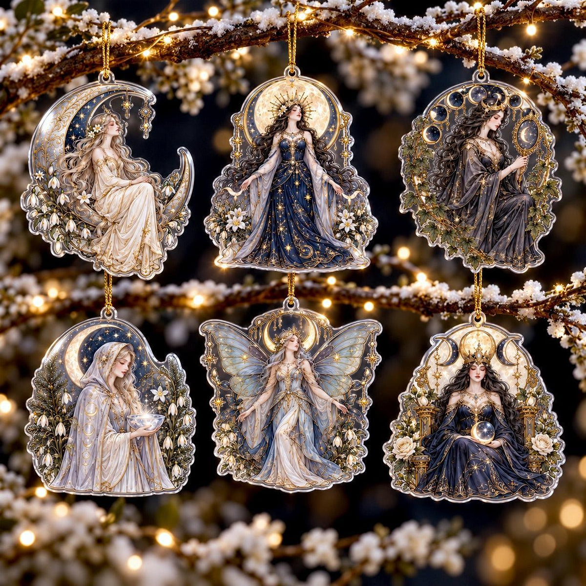 Lunar Goddess Celestial Acrylic Ornament Set – Moon Yule Christmas Decor – set of 6, another view