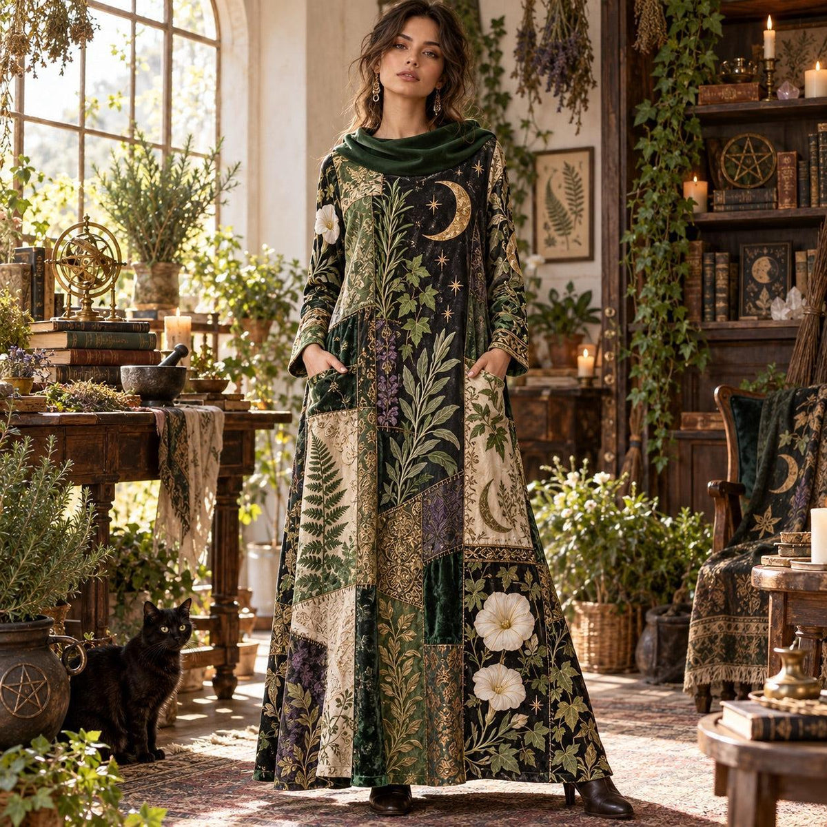 Lunar Herbarium Green Witch Cowl Neck Dress – Botanical Witchy Maxi – worn, front view