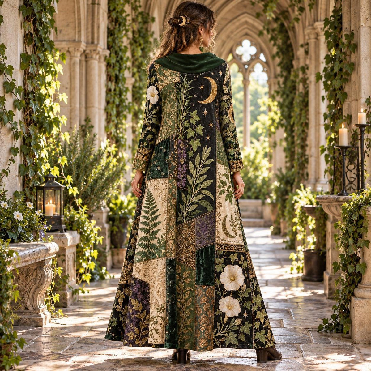 Lunar Herbarium Green Witch Cowl Neck Dress – Botanical Witchy Maxi – worn, back view
