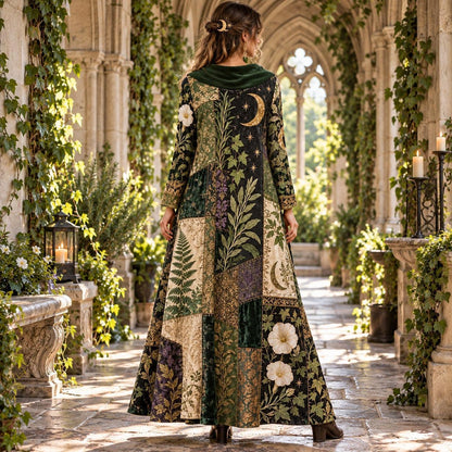 Lunar Herbarium Green Witch Cowl Neck Dress – Botanical Witchy Maxi – worn, back view