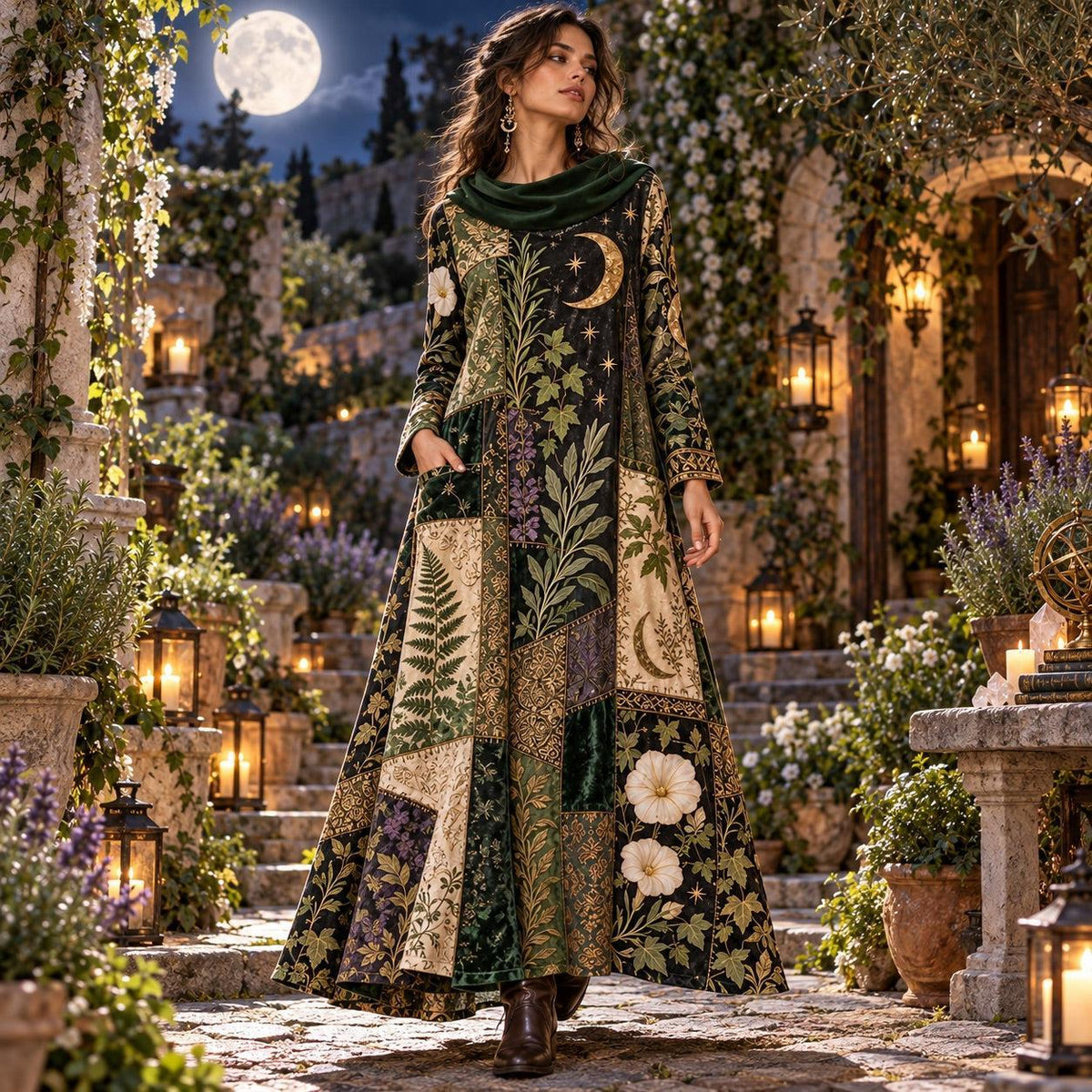 Lunar Herbarium Green Witch Cowl Neck Dress – Botanical Witchy Maxi – worn, in motion