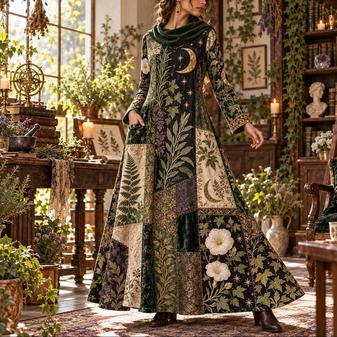 Lunar Herbarium Green Witch Cowl Neck Dress – Botanical Witchy Maxi – worn, three quarter view