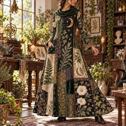 Lunar Herbarium Green Witch Cowl Neck Dress – Botanical Witchy Maxi – worn, three quarter view