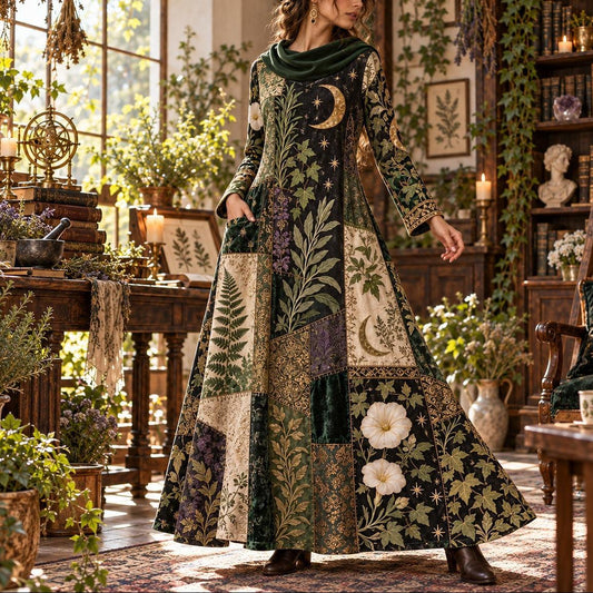 Lunar Herbarium Green Witch Cowl Neck Dress – Botanical Witchy Maxi – worn, three quarter view