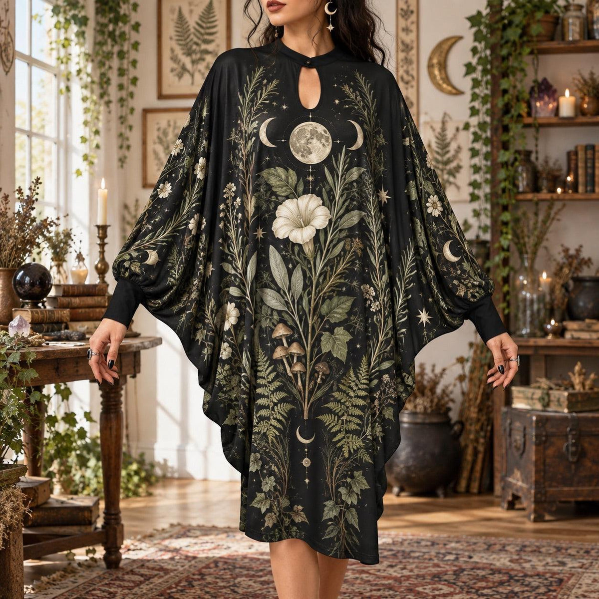Lunar Herbarium Witchy Batwing Dress – Pagan Botanical Moon Midi – worn, front view