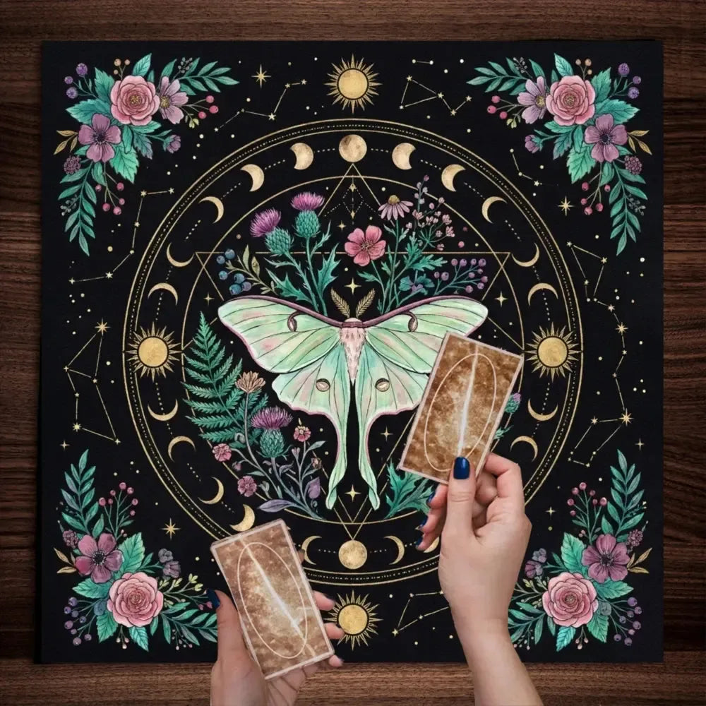 Emerald luna moth floral constellation altar cloth – Pagan moon ritual meditation mat