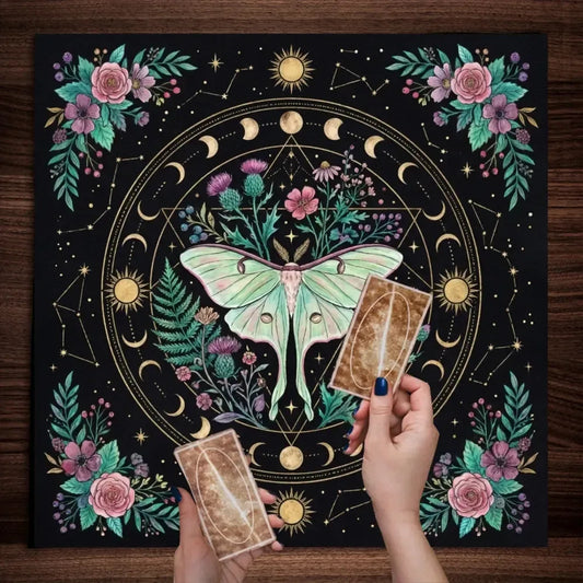 Emerald luna moth floral constellation altar cloth – Pagan moon ritual meditation mat