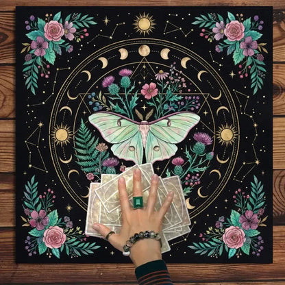 Botanical luna moth altar cloth with moon cycle – witchy nature magic tarot divination mat
