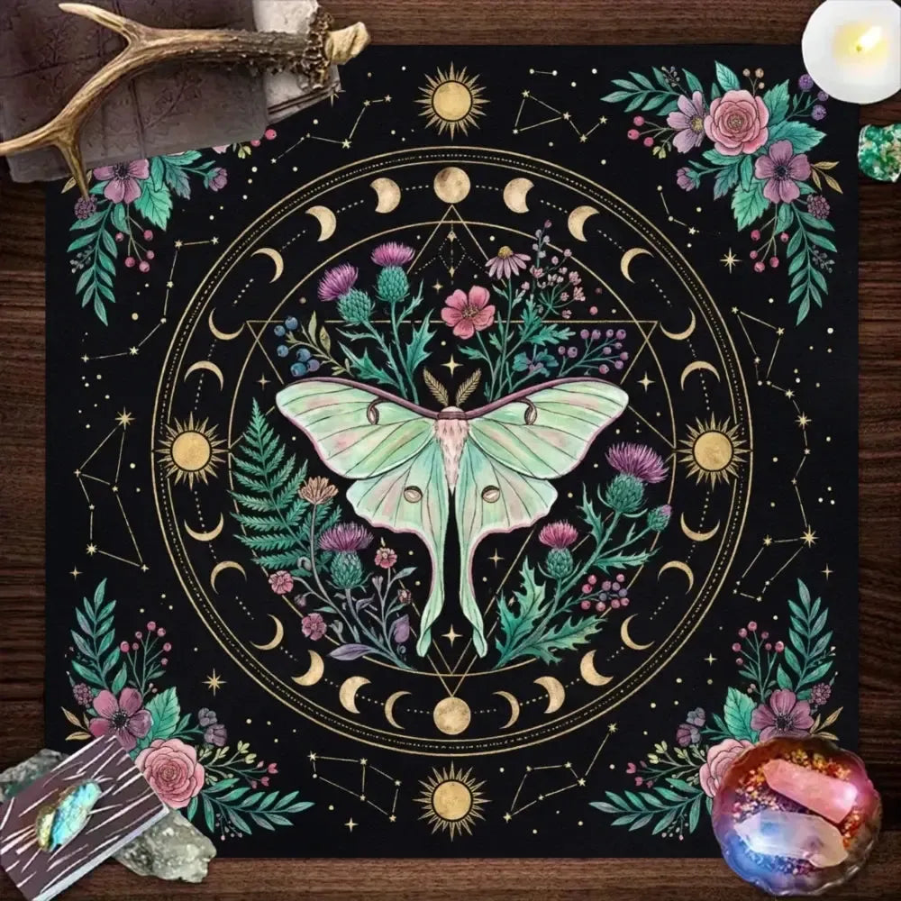 Lunar Moth Botanical Altar Cloth emerald green with moon phase circle – Wiccan tarot crystal healing mat