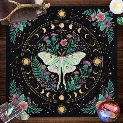 Lunar Moth Botanical Altar Cloth emerald green with moon phase circle – Wiccan tarot crystal healing mat