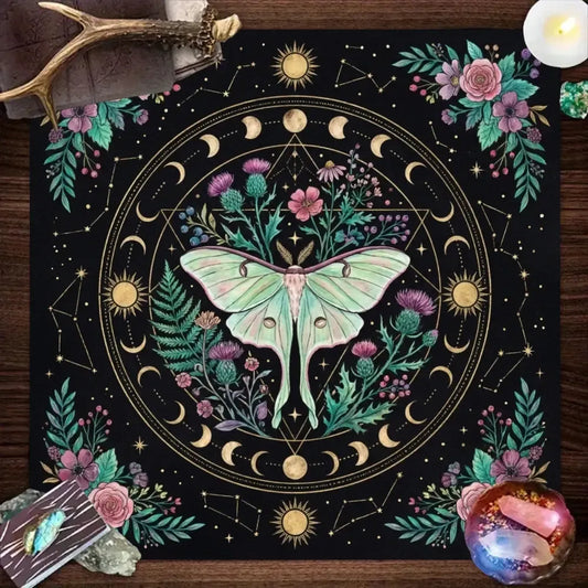Lunar Moth Botanical Altar Cloth emerald green with moon phase circle – Wiccan tarot crystal healing mat