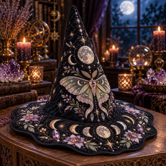 Lunar Moth Quilted Witch Hat – Gothic Moon Phase Amethyst Brim Hat – styled with candles and crystals