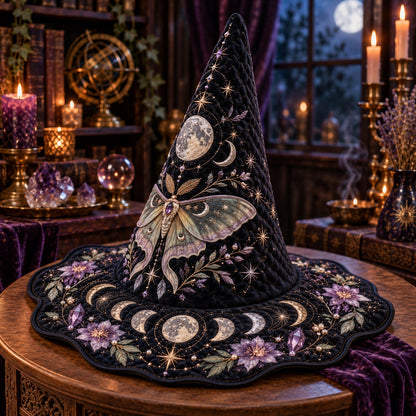 Lunar Moth Quilted Witch Hat – Gothic Moon Phase Amethyst Brim Hat – styled with candles and crystals