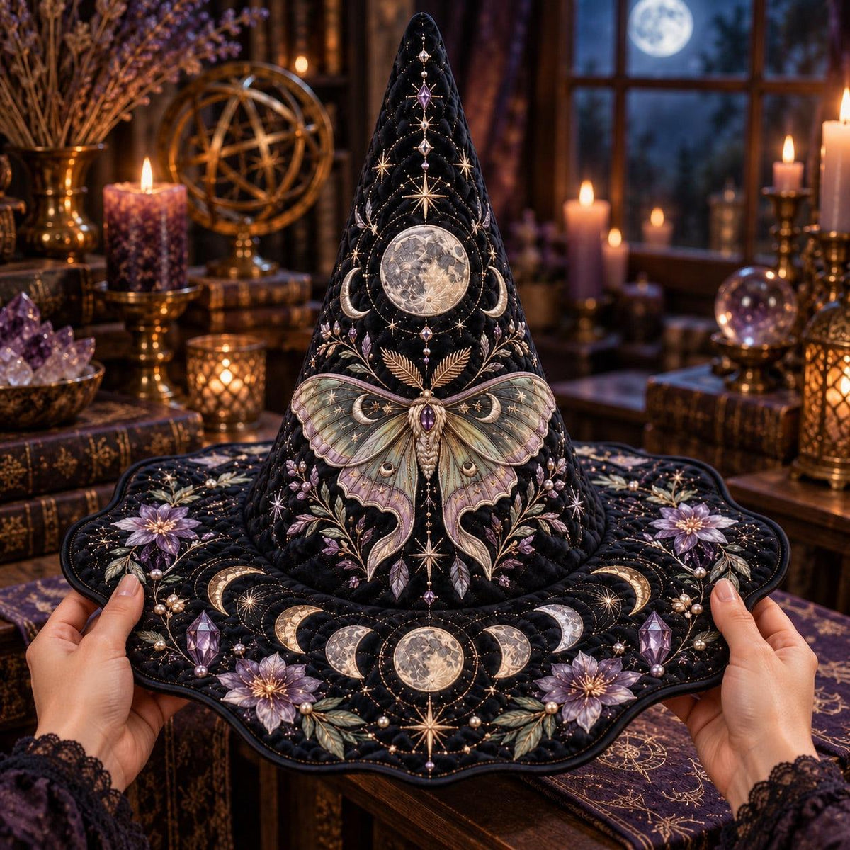 Lunar Moth Quilted Witch Hat – Gothic Moon Phase Amethyst Brim Hat – held in both hands