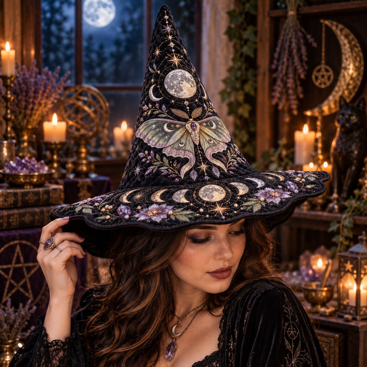 Lunar Moth Quilted Witch Hat – Gothic Moon Phase Amethyst Brim Hat – worn by a model