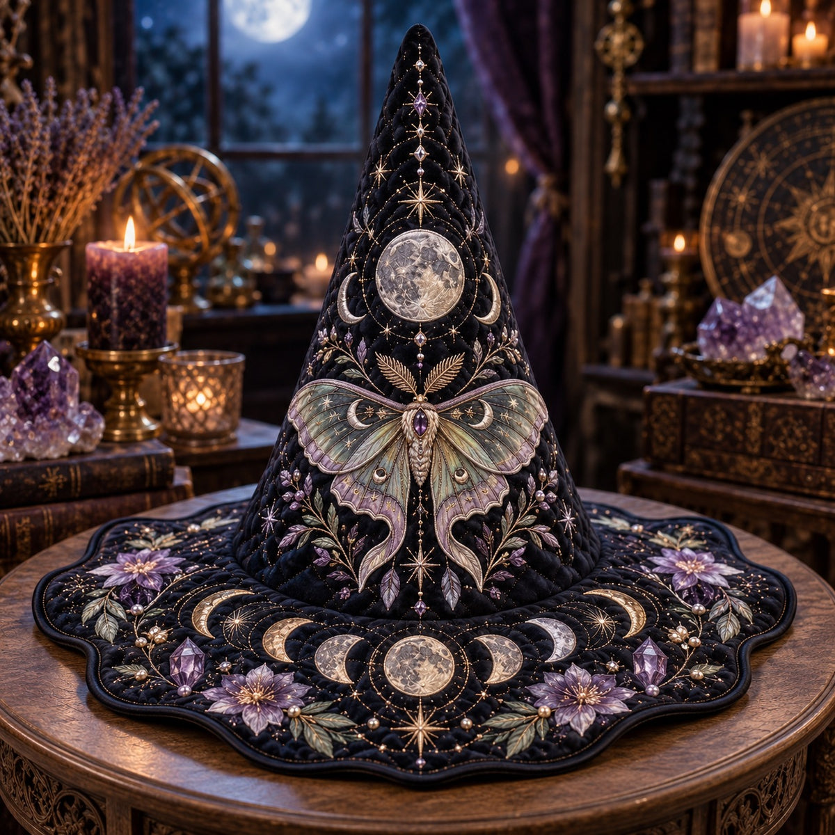 Lunar Moth Quilted Witch Hat – Gothic Moon Phase Amethyst Brim Hat – styled with candles and crystals